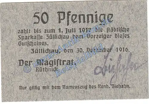 Züllichau , Notgeld 50 Pfennig Schein in kfr. Tieste 8280.10.03 , Brandenburg 1916 Verkehrsausgabe