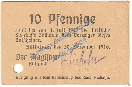 Züllichau , Notgeld 10 Pfennig Schein in gbr.E , Tieste 8280.10.02 , Brandenburg 1916 Verkehrsausgabe
