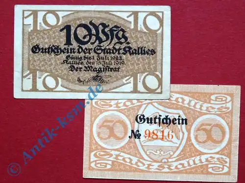 Notgeld Kallies , ein Satz mit 2 Scheinen , Tieste 3335.05 und 06 , von 1919 , Pommern Verkehrsausgabe