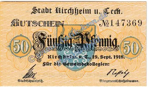 Kirchheim-Teck , Notgeld 50 Pfennig Schein in kfr. Tieste 3495.20.05 , Württemberg 1918 Verkehrsausgabe
