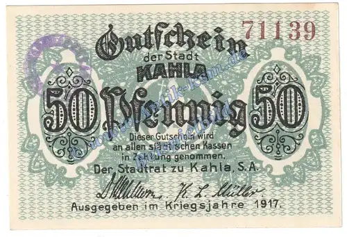 Kahla , Notgeld 50 Pfennig Schein in kfr. Tieste 3325.05.20 , Thüringen 1917 Verkehrsausgabe
