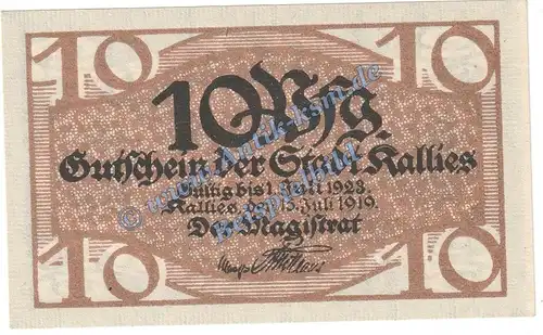 Kallies , Notgeld 10 Pfennig Schein in kfr. Tieste 3335.05.05 , Pommern 1919 Verkehrsausgabe