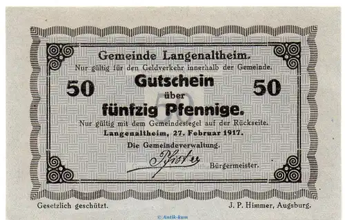 Notgeld Gemeinde Langenaltheim 3855.05.26 , 50 Pfennig Schein in kfr. von 1917 , Bayern Verkehrsausgabe