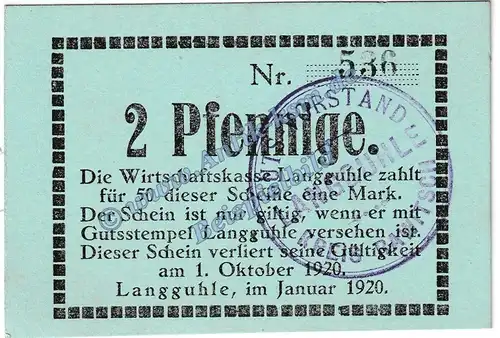 Langguhle , Notgeld 2 Pfennig Schein in kfr. Tieste 3885.05.02 , Posen 1920 Verkehrsausgabe