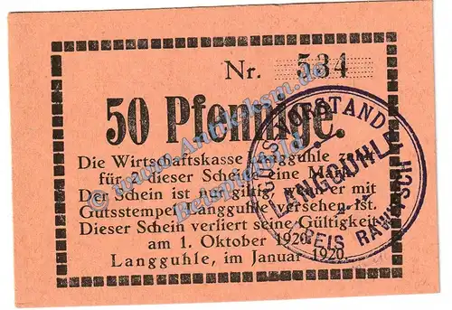 Langguhle , Notgeld 50 Pfennig Schein in kfr. Tieste 3885.05.05 , Posen 1920 Verkehrsausgabe