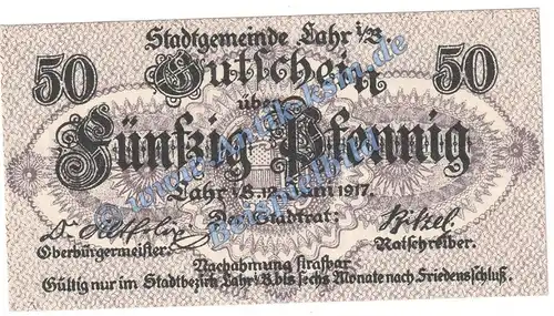 Lahr , Notgeld 50 Pfennig Schein in kfr. Tieste 3810.05.20 , Baden 1917 Verkehrsausgabe