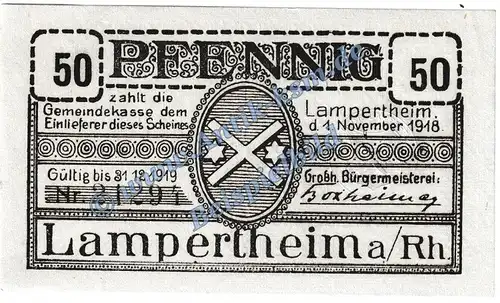 Lampertheim , Notgeld 50 Pfennig Schein in kfr. Tieste 3815.05.05 , Hessen 1918 Verkehrsausgabe