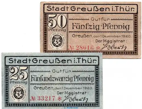 Greussen , Notgeld Set mit 2 Scheinen in kfr. Tieste 2455.05.05-06 von 1920 , Schlesien Verkehrsausgabe