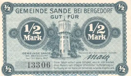 Notgeld Gemeinde Sande , 1 halbe Mark Schein in kfr. Tieste 6395.05.01 von 1917 , Schleswig Holstein Verkehrsausgabe