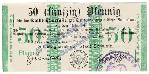 Schwetz , Notgeld 50 Pfennig Schein in kfr. Tieste 6800.05... Westpreussen 1917 Verkehrsausgabe