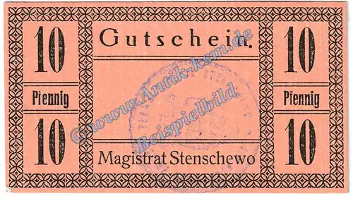 Stenschewo , Notgeld 10 Pfennig Schein in kfr. Tieste 7135.05.02 , Posen o.D. Verkehrsausgabe