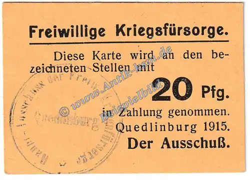 Quedlinburg , Notgeld 20 Pfennig Schein in kfr. Tieste 5835.05.12 , Sachsen Anhalt 1915 Verkehrsausgabe