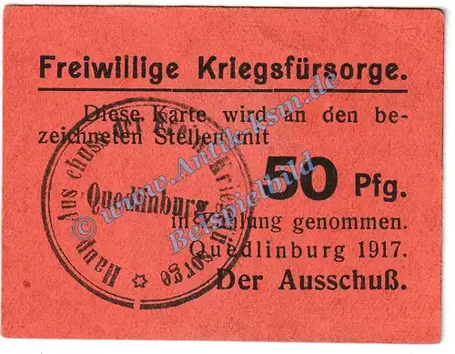 Quedlinburg , Notgeld 50 Pfennig Schein in kfr. Tieste 5835.05.27 , Sachsen Anhalt 1917 Verkehrsausgabe