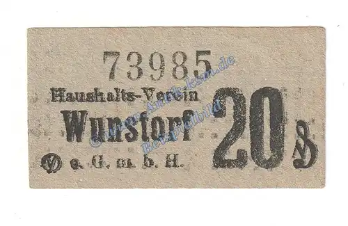 Wunstorf , Notgeld 20 Pfennig -Haushalts-Verein- in kfr. Tieste 8145.05.05 , Niedersachsen o.D. Verkehrsausgabe