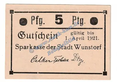 Wunstorf , Notgeld 5 Pfennig Schein -44 mm- in kfr. Tieste 8145.15.01 , Niedersachsen o.D. Verkehrsausgabe