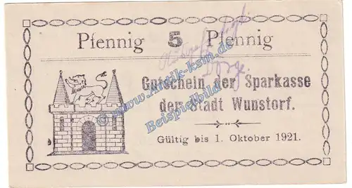 Wunstorf , Notgeld 5 Pfennig Schein -45 mm- in kfr. Tieste 8145.15.15 , Niedersachsen o.D. Verkehrsausgabe