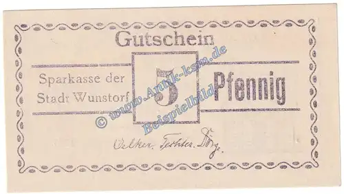 Wunstorf , Notgeld 5 Pfennig Schein -45 mm- in kfr. Tieste 8145.15.15 , Niedersachsen o.D. Verkehrsausgabe