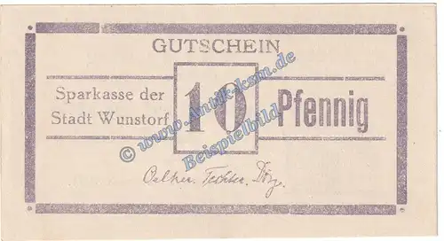 Wunstorf , Notgeld 10 Pfennig Schein -45 mm- in kfr. Tieste 8145.15.16 , Niedersachsen o.D. Verkehrsausgabe