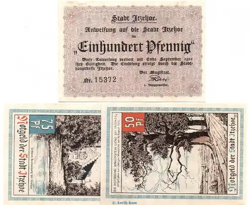 Notgeld Stadt Itzehoe 649.3 , Set mit 3 Scheinen in kfr. o.D. Schleswig Holstein Seriennotgeld