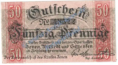 Zeven , Notgeld 50 Pfennig Schein in kfr. Tieste 8215.05.10 , Niedersachsen o.D. Verkehrsausgabe