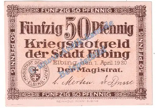 Elbing , Notgeld 50 Pfennig Schein in kfr. Tieste 1650.05.25 , Westpreussen 1920 Verkehrsausgabe
