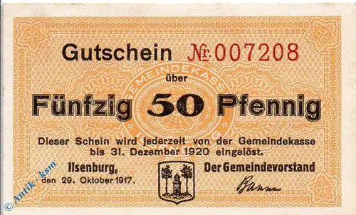 Notgeld Ilsenburg , 50 Pfennig Schein , Tieste 3190.05.01 , von 1917 , Sachsen Verkehrsausgabe