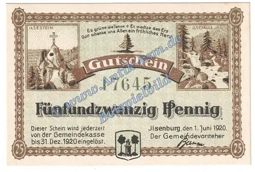 Ilsenburg , Notgeld 25 Pfennig Schein in kfr. Tieste 3190.05.05 , Sachsen 1920 Verkehrsausgabe