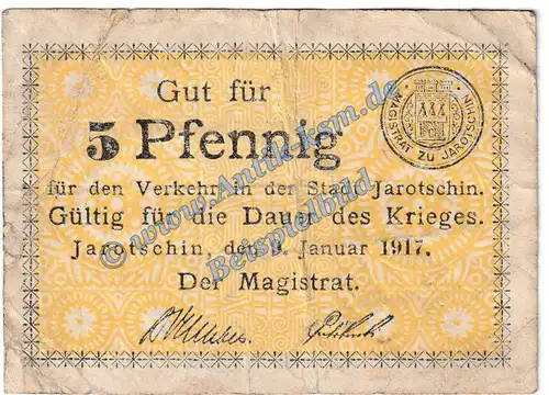 Jarotschin , Notgeld 5 Pfennig Schein in gbr. Tieste 3250.05.02 , Posen 1917 Verkehrsausgabe