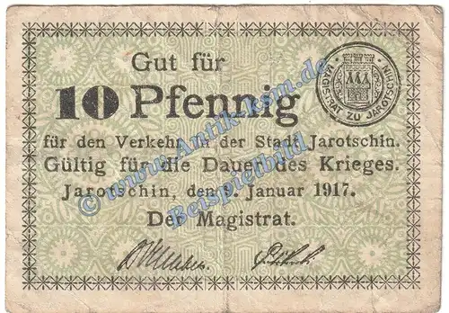 Jarotschin , Notgeld 10 Pfennig Schein in gbr. Tieste 3250.05.03 , Posen 1917 Verkehrsausgabe