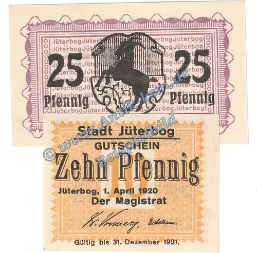 Jüterbog , Notgeld Set mit 2 Scheinen in kfr. Tieste 3300.05.15-16 , Brandenburg 1920 Verkehrsausgabe