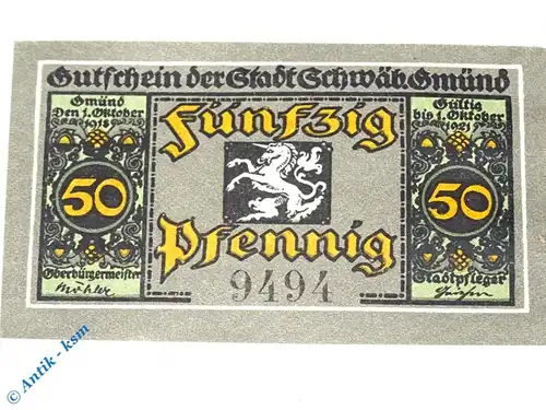 Notgeld Schwäbisch Gmünd , 50 Pfennig Schein , gelb , Tieste 6725.05.15 , von 1918 , Württemberg Verkehrsausgabe