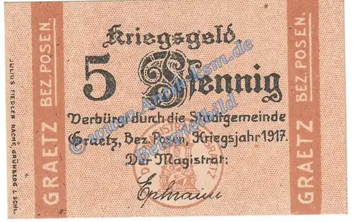 Graetz , Notgeld 5 Pfennig Schein in kfr. Tieste 2420.05.01 , Posen 1917 Verkehrsausgabe