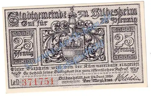 Hildesheim , Notgeld 25 Pfennig Schein in kfr. Tieste 3030.10.05 , Niedersachsen 1920 Verkehrsausgabe