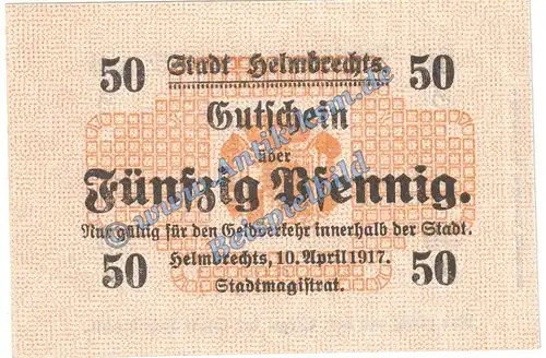 Helmbrechts , Notgeld 50 Pfennig Schein in kfr. Tieste 2925.05.07 , Bayern 1917 Verkehrsausgabe