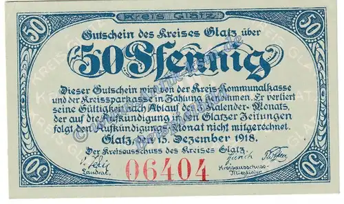 Glatz , Notgeld 50 Pfennig Schein in kfr. Tieste 2255.15.01 , Schlesien 1918 Verkehrsausgabe