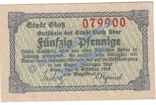Glatz , Notgeld 50 Pfennig Schein in kfr. Tieste 2255.20.02 , Schlesien 1918 Verkehrsausgabe