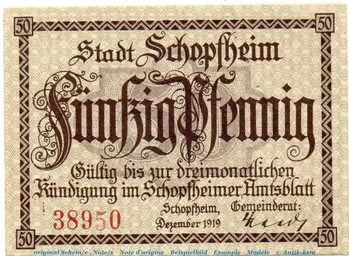 Notgeld Stadt Schopfheim 6675.05.15 , 50 Pfennig -Gedicht- in kfr. von 1919 , Pommern Verkehrsausgabe