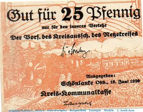 Notgeld Kreis Schönlanke 6665.05.01 , 25 Pfennig Schein in kfr. von 1920 , Posen Verkehrsausgabe