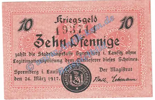Spremberg , Notgeld 10 Pfennig Schein in kfr. Tieste 7025.15.02 , Brandenburg 1917 Verkehrsausgabe