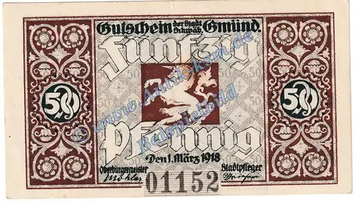 Schwäbisch Gmünd , Notgeld 50 Pfennig Schein in f-kfr. Tieste 6725.05.05 , Württemberg 1918 Verkehrsausgabe