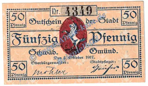 Schwäbisch Gmünd , Notgeld 50 Pfennig Schein in f-kfr. Tieste 6725.05.01 , Württemberg 1917 Verkehrsausgabe