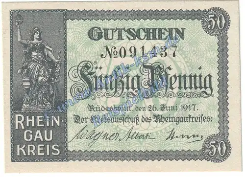 Rüdesheim , Notgeld 50 Pfennig -mit WZ- in kfr. Tieste 6280.05.07 , Hessen 1917 Verkehrsausgabe