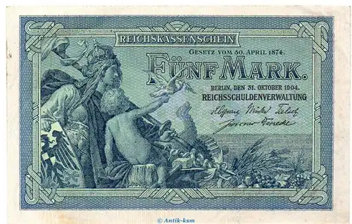 Reichsbanknote , 5 Mark Schein in kfr. DEU-52.a-b, Ros.22, P.8 , vom 31.10.1904 , Kaiserreich