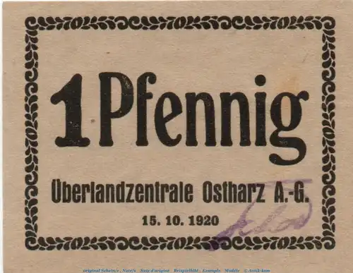 Notgeld Überlandzentrale Ostharz Dessau , 1 Pfennig Schein in kfr. Tieste 1340.20.05 , von 1920 , Anhalt Verkehrsausgabe