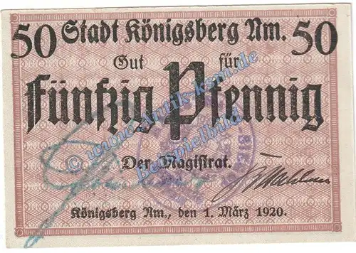Königsberg , Notgeld 50 Pfennig Schein in kfr. Tieste 3590.10.01 , Brandenburg 1920 Verkehrsausgabe