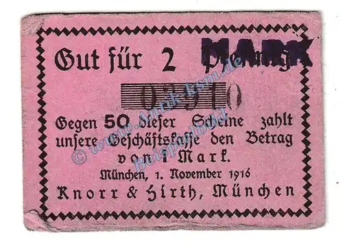 München , Notgeld Knorr und Hirth 2 Mark in gbr. Tieste 4680.0920.16 , Bayern 1916 Verkehrsausgabe