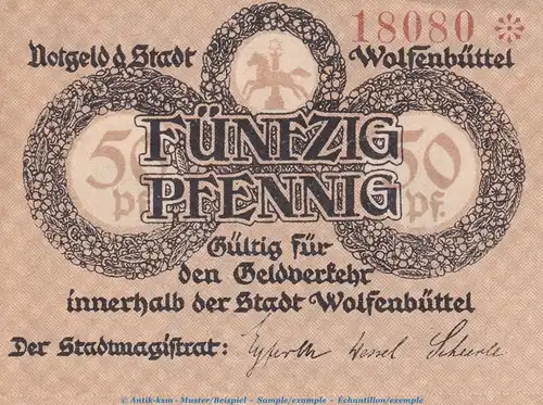 Notgeld Stadt Wolfenbüttel 8070.05.01 , 50 Pfennig Schein in kfr. von 1918 , Niedersachsen Verkehrsausgabe