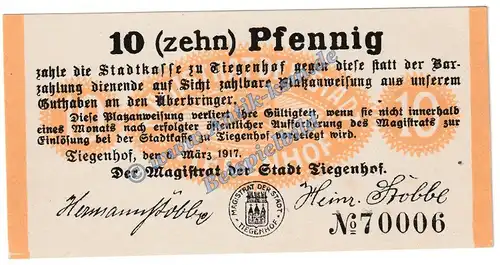 Tiegenhof , Notgeld 10 Pfennig Schein in kfr. Tieste 7355.05.02 , Westpreussen 1917 Verkehrsausgabe