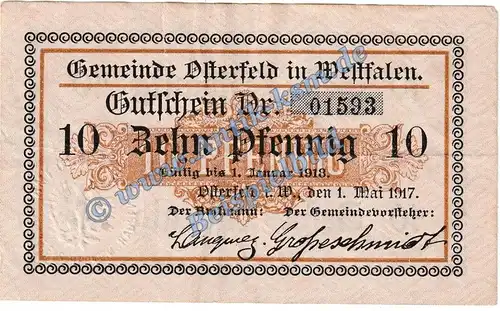 Osterfeld , Notgeld 10 Pfennig Schein in gbr. Tieste 5440.05.01 , Westfalen 1917 Verkehrsausgabe
