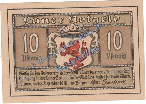 Lünen , Notgeld 10 Pfennig Schein in kfr. Tieste 4290.10.01 , Westfalen 1918 Verkehrsausgabe